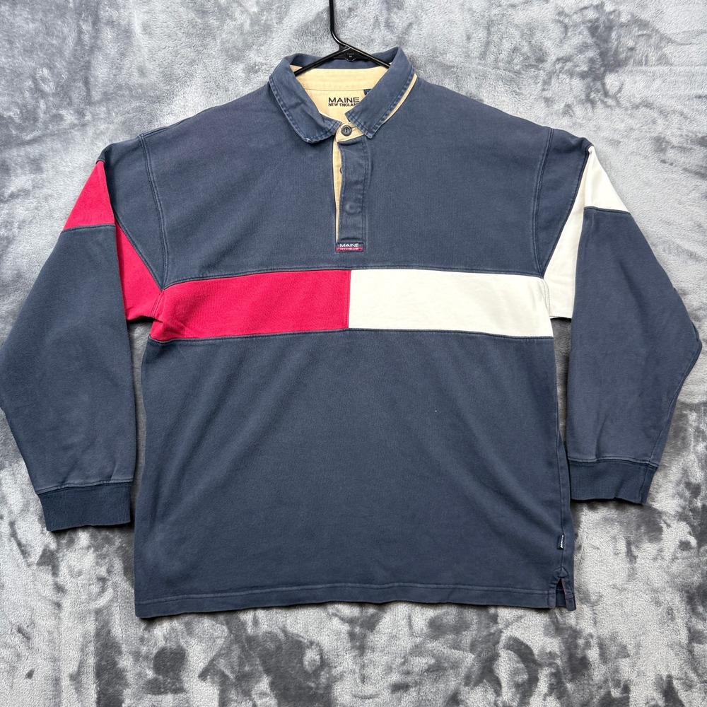 Maine New England Rugby Shirt Mens Large Navy Red White Colorblock Long Sleeve